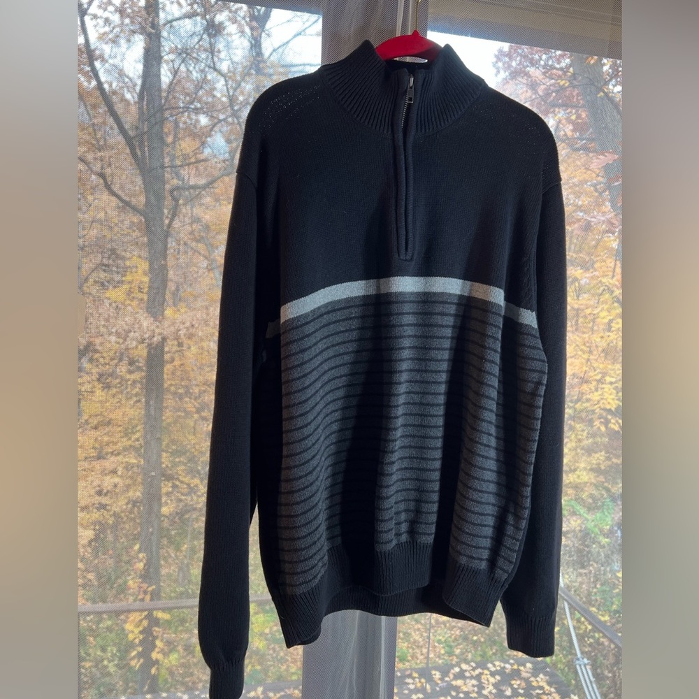 Basic Edition black sweater with dark and light gray stripes. Turtleneck zipper